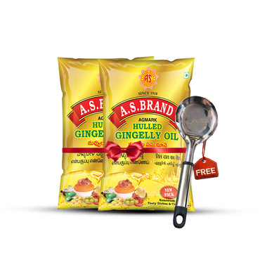 A.S.Brand Hulled Gingelly Oil 1 ltr - 2 pack.Free Steel Serving Spoon